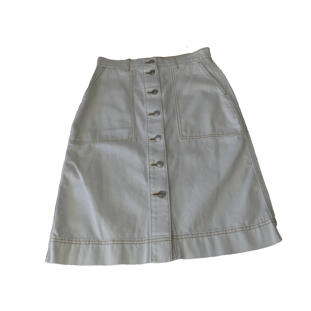 Free Assembly Ivory Denim Skirt Sz 2 Button Front Knee‎ Modest Contrast Stitch - Picture 2 of 9